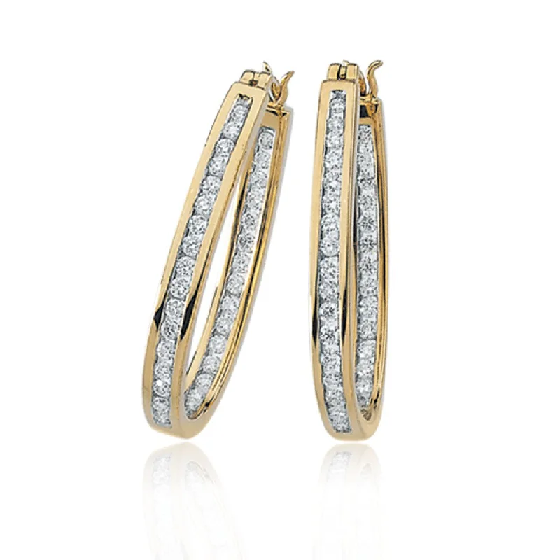 women's twisted hoop earrings-1 Cttw, Channel Set Diamond Hoops - 14k Yellow Gold