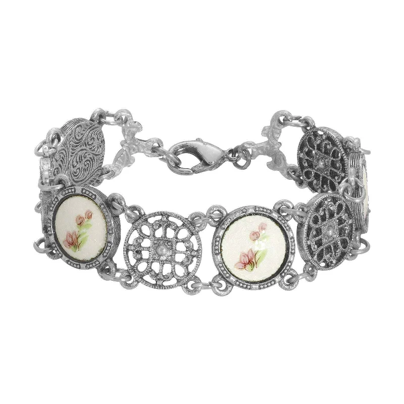 women's lightweight bracelets-1928 Jewelry Meso Round Intricate Filigree Pink & White Stone Link Bracelet