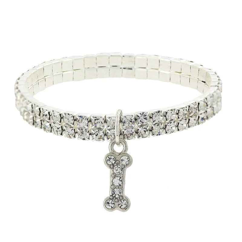 women's delicate bracelets-1928 Jewelry Rhinestone Crystal Two Row Stretch With Dog Bone Charm Bracelet