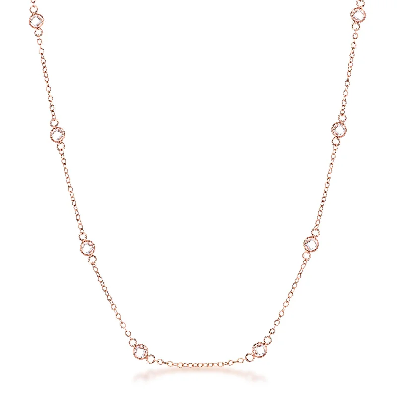 women’s pearl drop necklaces-Lecia 16” Rosegold CZ Round Bezel Saturn Necklace