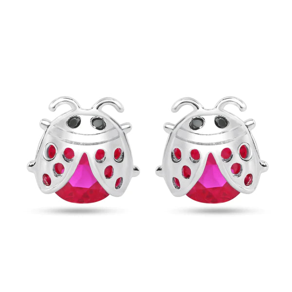 women's gemstone earrings-Sterling Silver Rhodium Plated Lady Bug Red CZ Stud