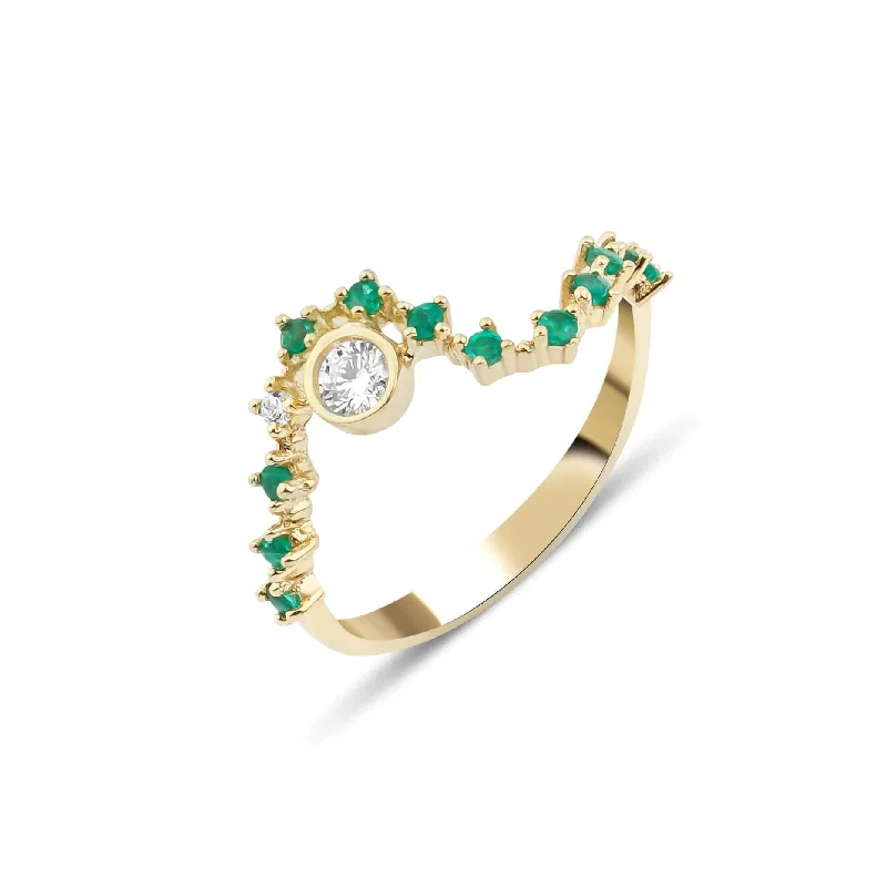 women’s unique wedding rings-Sonia Wave 18K Gold Ring w. White diamonds Diamonds & Emeralds