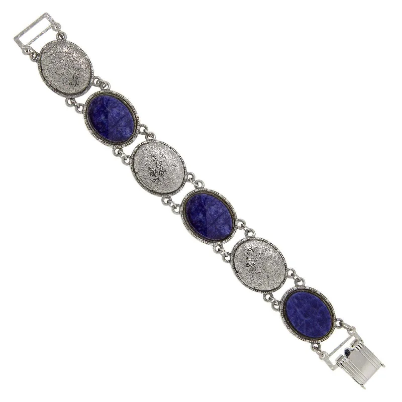 women's tassel bracelets-1928 Jewelry Oval Blue Sodalite Gemstone & Lockets Link Bracelet