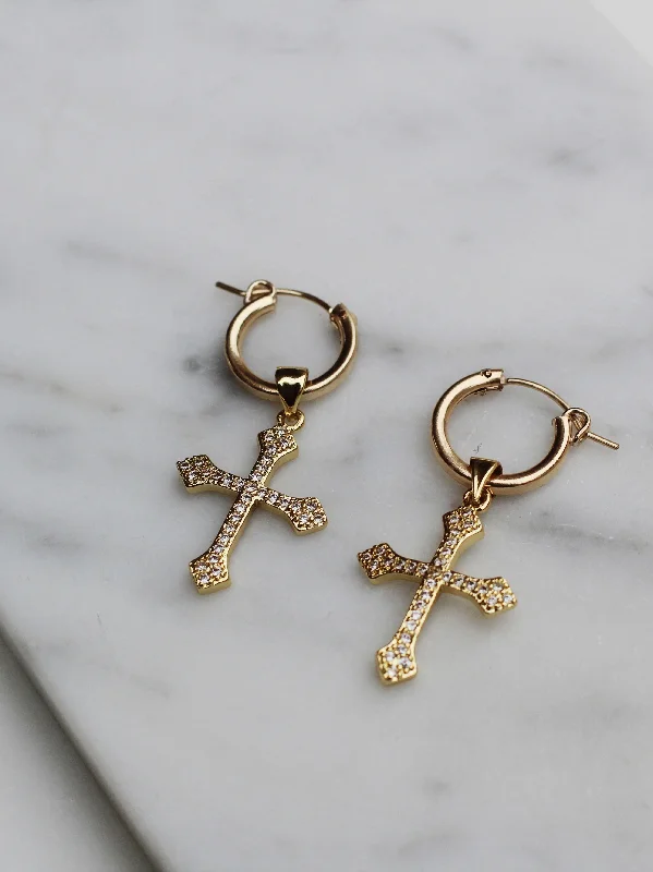 women's peridot earrings-Royalty Cross Hoops