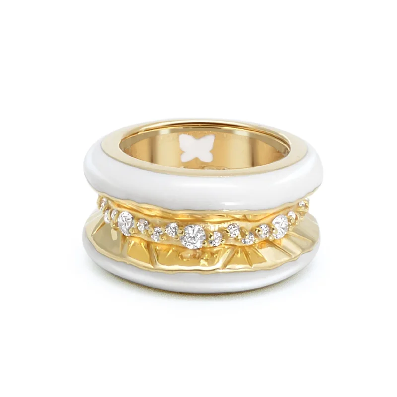 women’s classic solitaire rings-Antarctica Ice 18K Gold Ring w. Lab-Grown Diamonds & Snow White Enamel