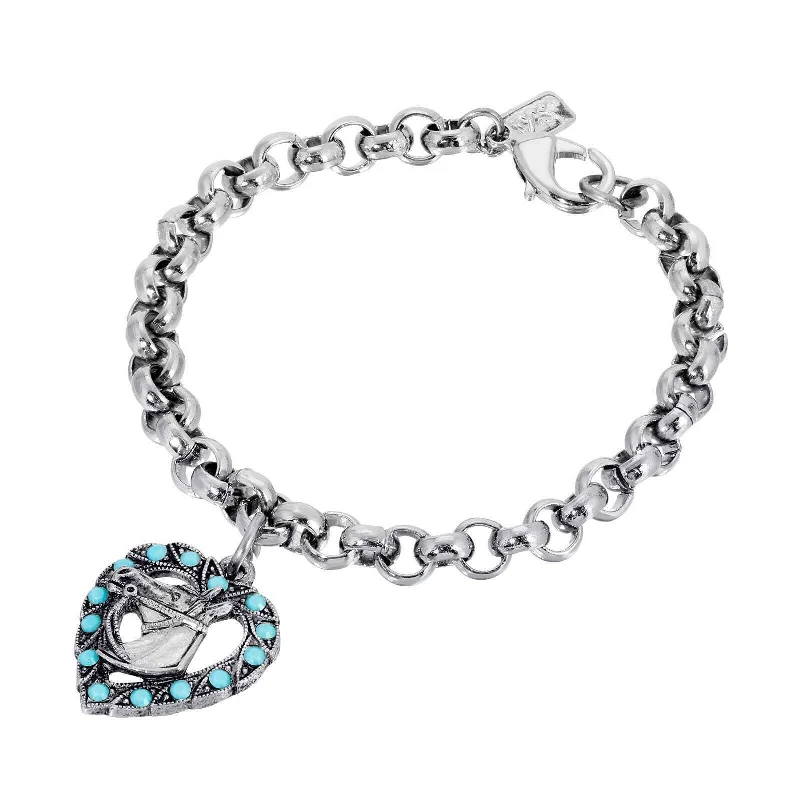 women's personalized bracelets-1928 Jewelry Heart With Horse Turquoise Crystal Round Link Bracelet