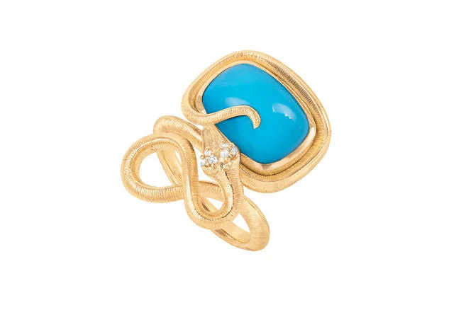 women’s luxury rings-Snakes Petite 18K Gold Ring w. Diamonds & Turquoise