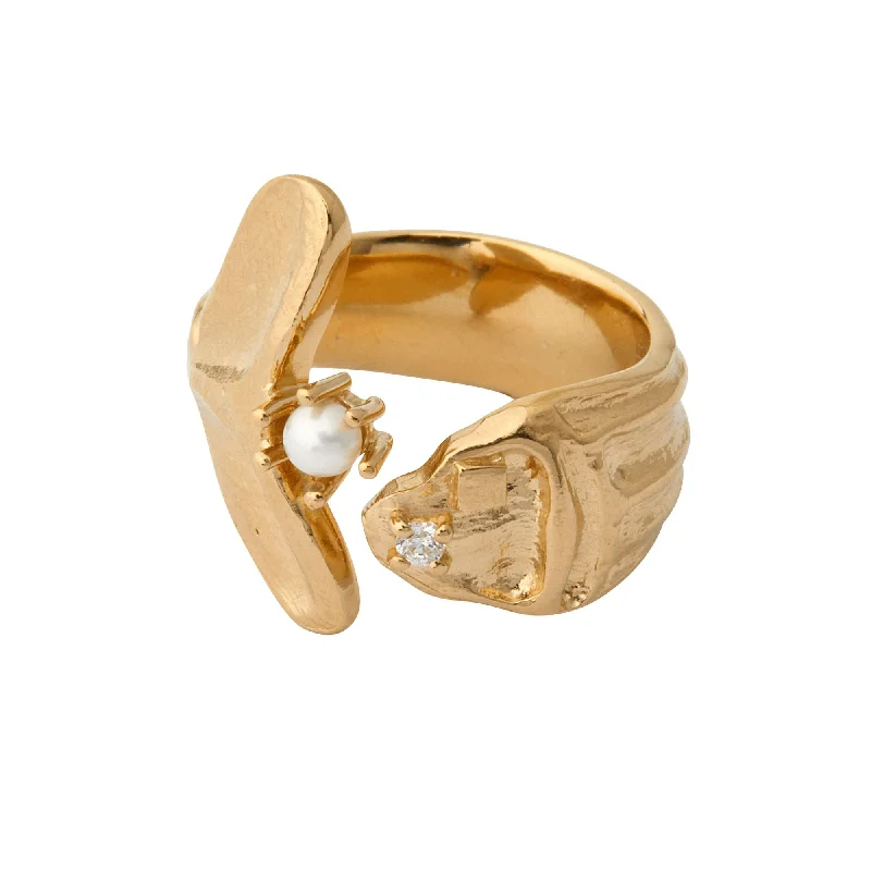 women’s rose gold rings-Ocean Being Gold Plated Ring w. Pearl & Zirconia