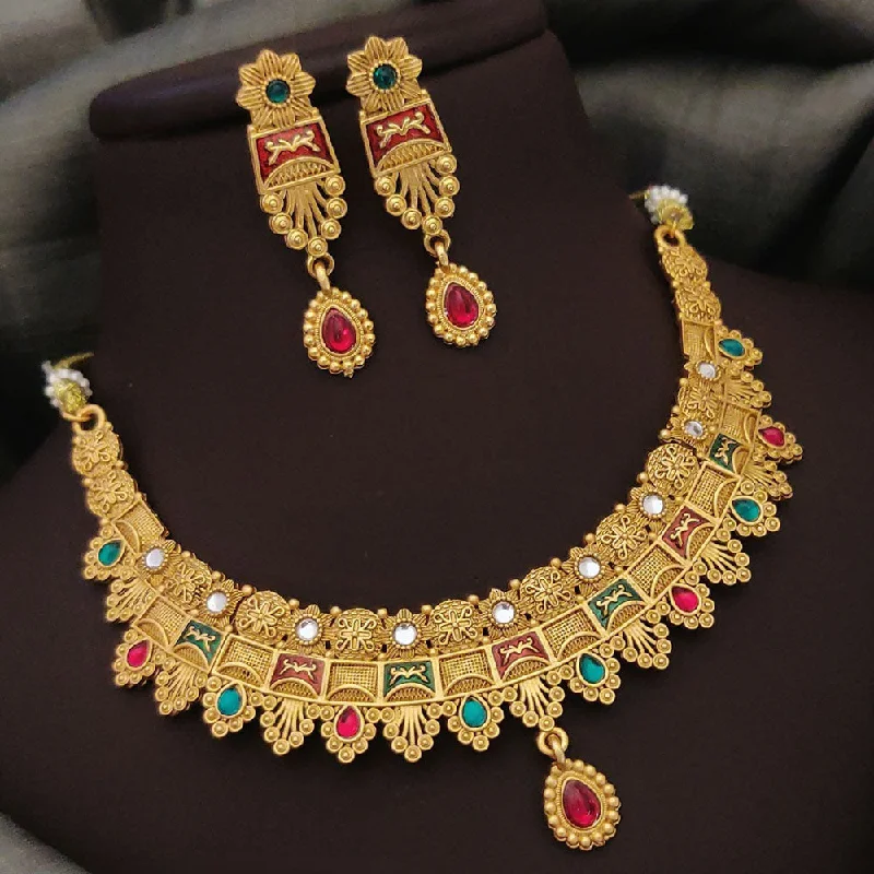 women’s romantic necklaces-FS Collection Gold Plated Pota Stone And Meenakari Necklace Set