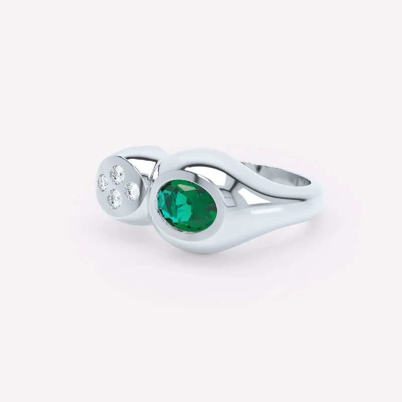 women’s small gemstone rings-Curve Duo 18K Whitegold Ring w. Emerald & Diamonds