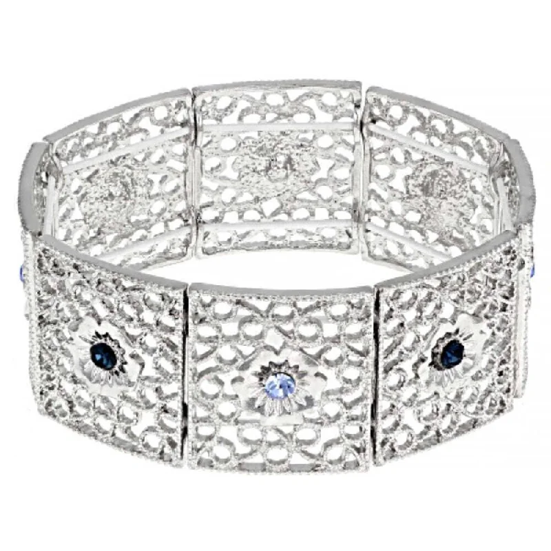 women's initial bracelets-1928 Jewelry Sapphire Blue Crystal Filigree Stretch Bracelet