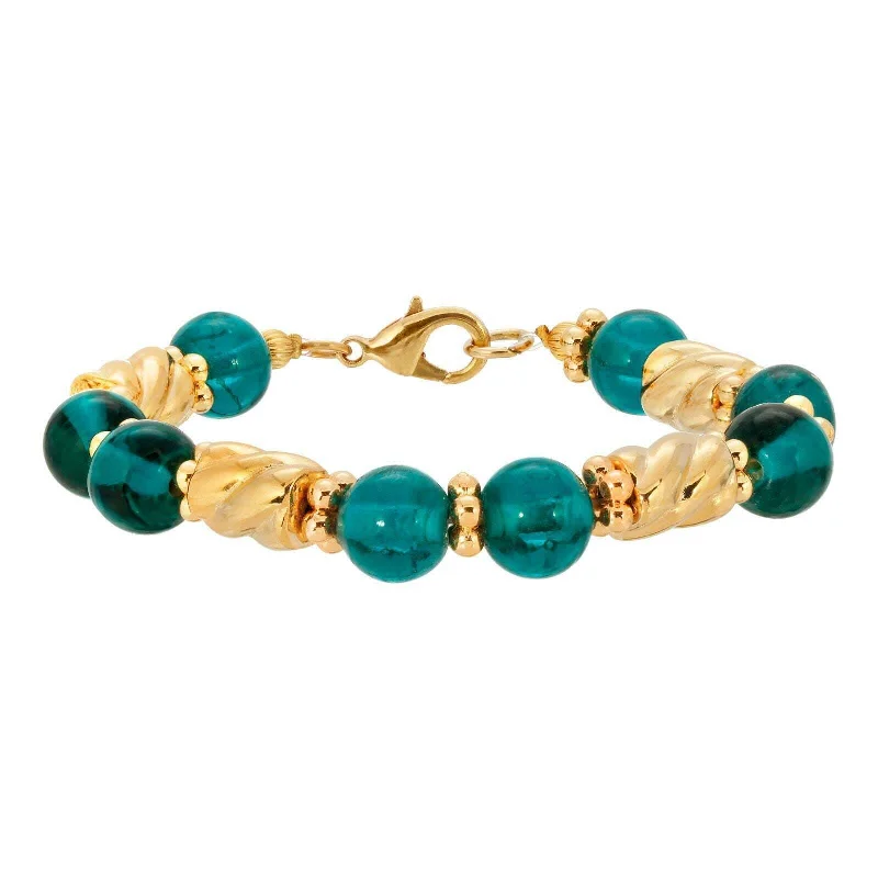 women's lucky charm bracelets-1928 Jewelry Teal Round Glass & Twisted Gold Tone Bead Bracelet