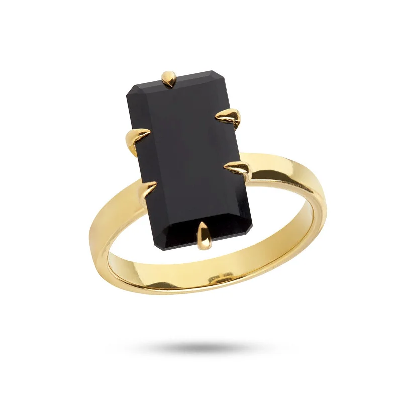 women’s gemstone rings-Black 18K Gold Plated Ring w. Agate