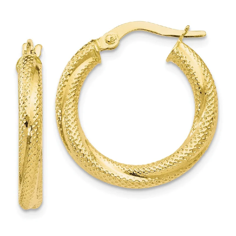 women's silver earrings-3mm Twisted Textured Round Hoops in 10k Yellow Gold, 20mm (3/4 Inch)