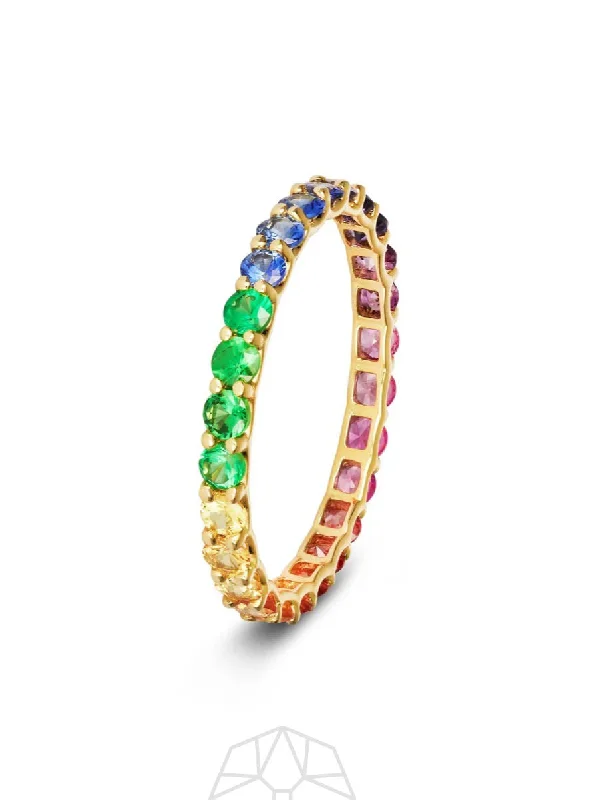 women’s wedding rings-Rainbow Sapphire Skinny Gradient 14K Gold Ring