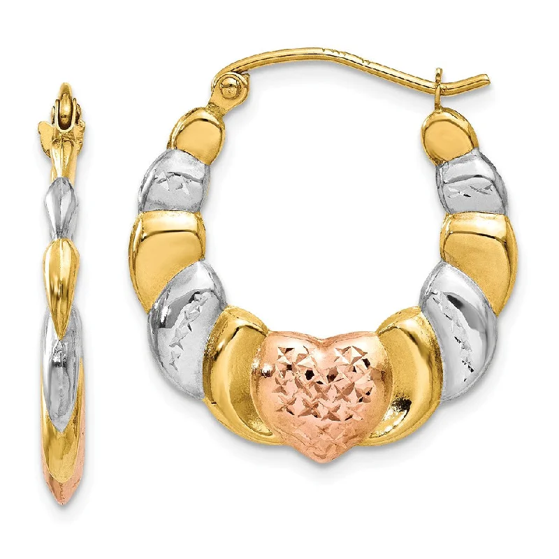 women's silver-plated earrings-Tri-Color Scalloped Heart Hoops in 14k Yellow Gold and Rhodium