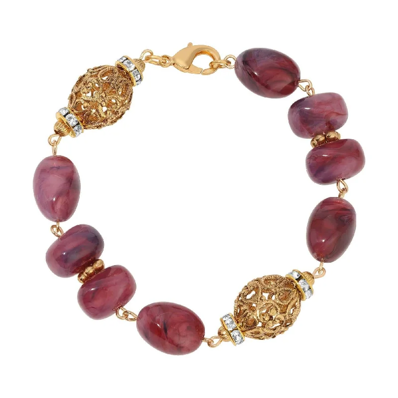 women's delicate bracelets-1928 Jewelry Irregular Milky Amethyst Bead & Gold Filigree Crystal Accent Bead Link Bracelet