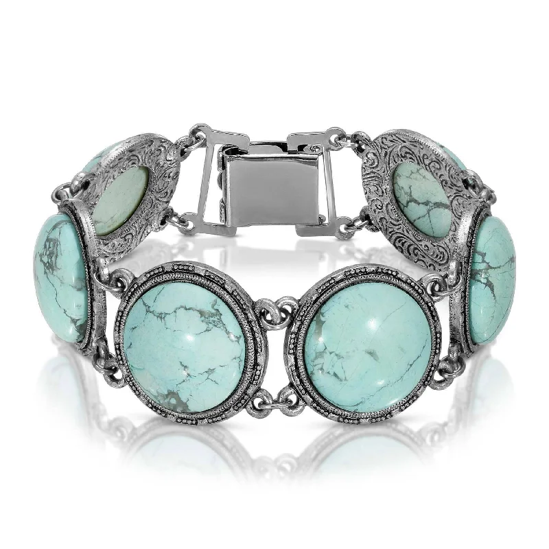 women's link bracelets-1928 Jewelry Semi Precious Round Turquoise Stone Link Bracelet