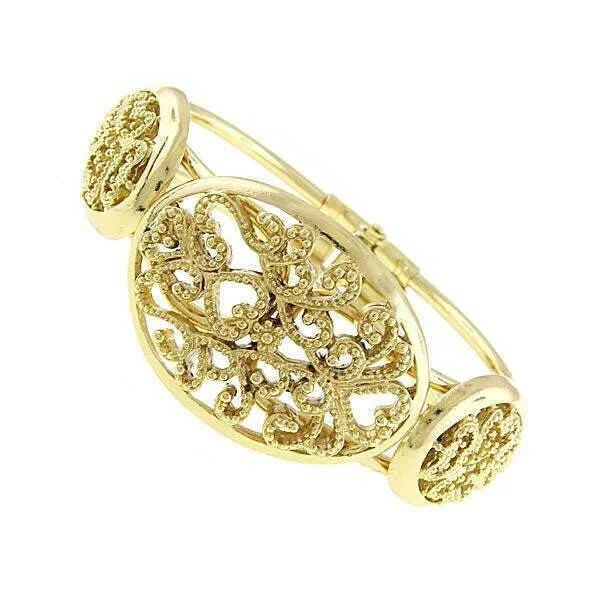 women's leather bracelets-1928 Jewelry Vintage Style Gold Filigree Snap Cuff Bracelet