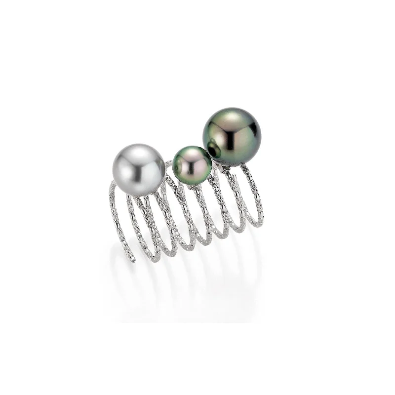 women’s anniversary rings-Long Wrap 18K Whitegold Ring w. Tahiti Pearls