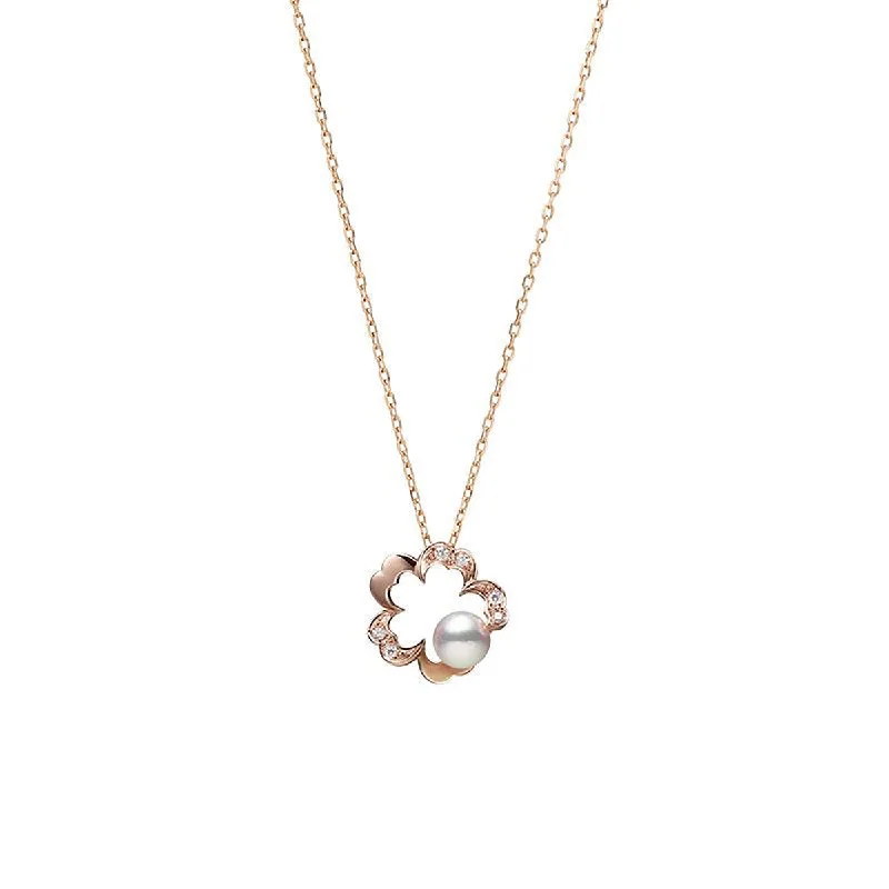 women’s short necklaces-Cherry Blossom Akoya Cultured Pearl Pendant Necklace in Pink Gold