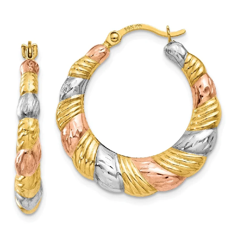 women's personalized earrings-Tri-Color Scalloped Puffed Hoops in 14k Yellow Gold and Rhodium