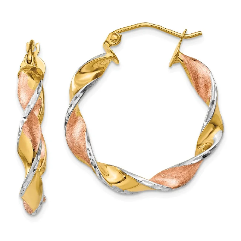 women's edgy earrings-Tri-Color Twisted Round Hoops in 14k Yellow Gold, 25mm (1 Inch)