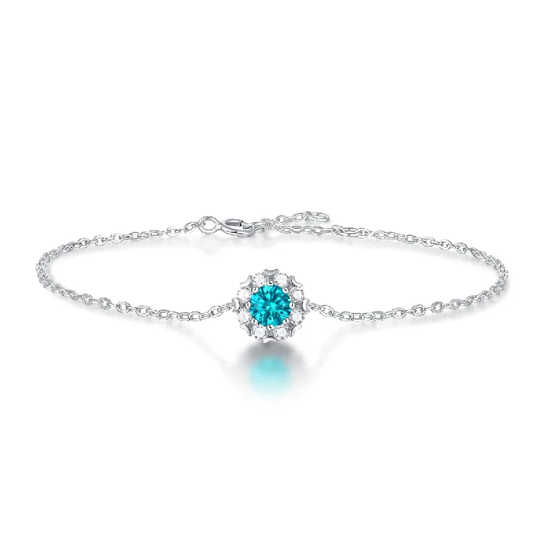 women's wedding bracelets-Sterling Silver with 0.50ctw Lab Created Moissanite & Blue Topaz Round Halo Adjustable Station Charm Bracelet