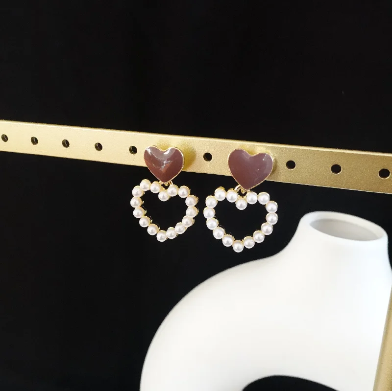 women's big earrings-Heart Pearl Earring