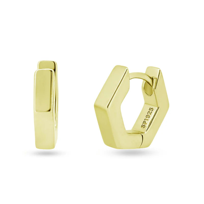 women's small hoop earrings-Sterling Silver Gold Plated Hexagon Huggie Hoop Earring11.7mm