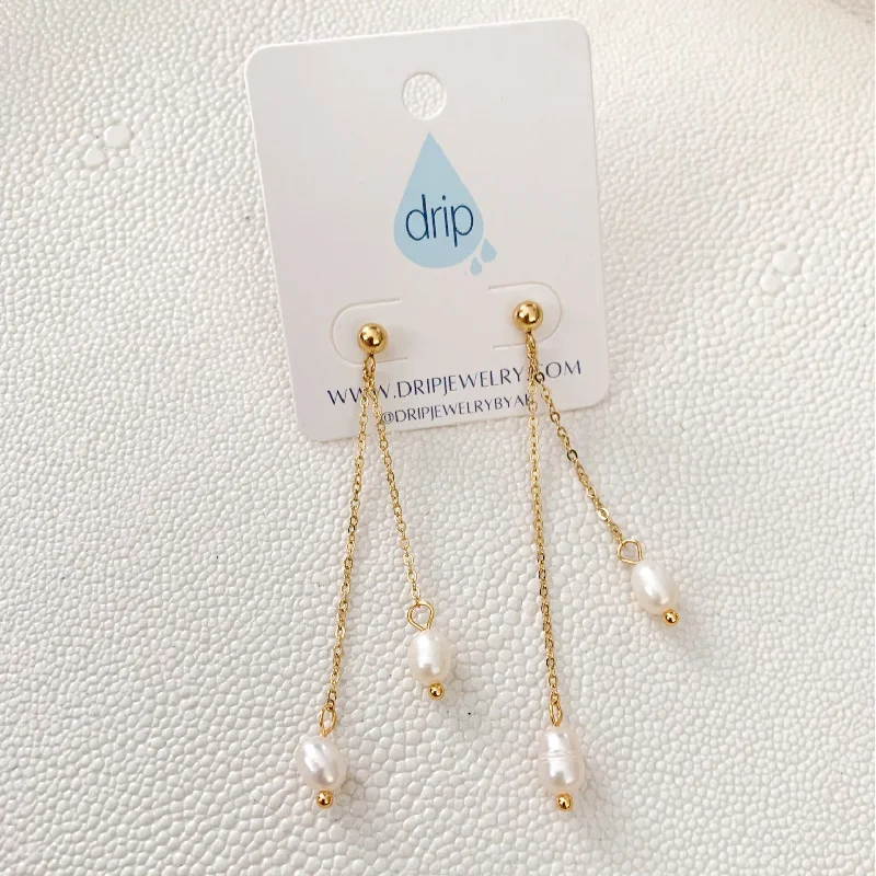 women's short earrings-Double Pearl Dangles