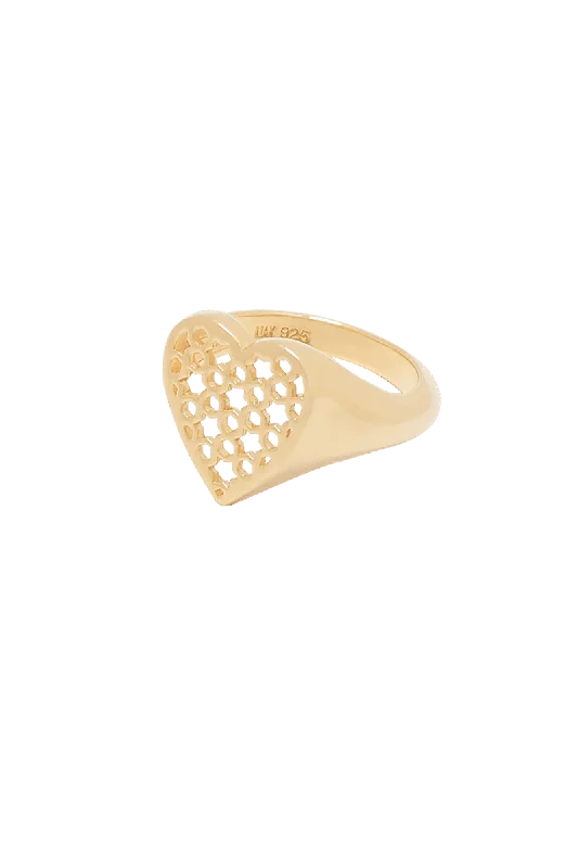 women’s floral rings-Heart Signet Ring Gold Plated