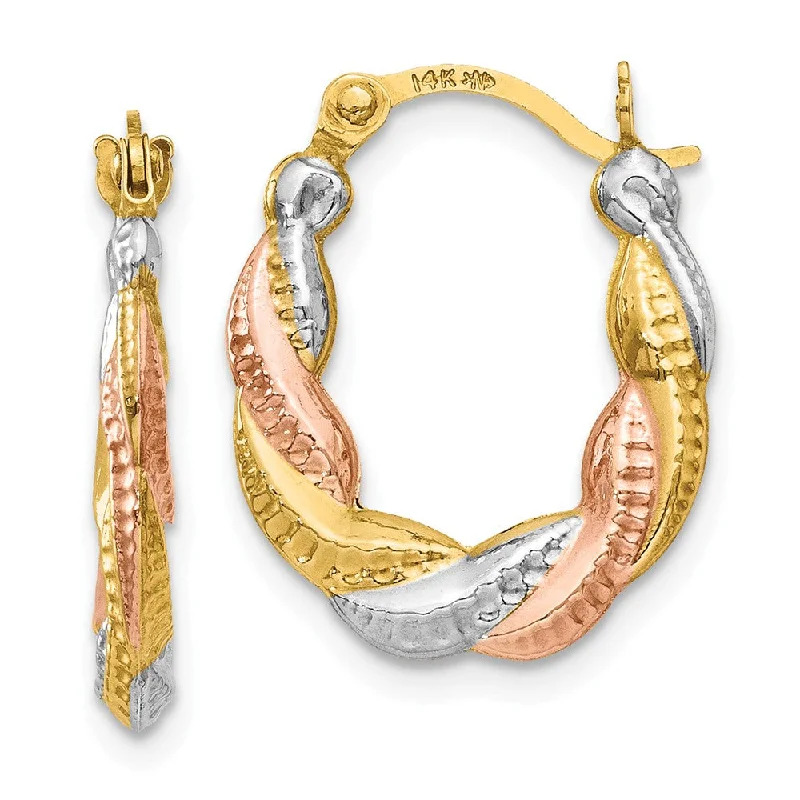 women's twisted hoop earrings-Tri-Color Twisted Hoops in 14k Yellow Gold with White and Rose Rhodium