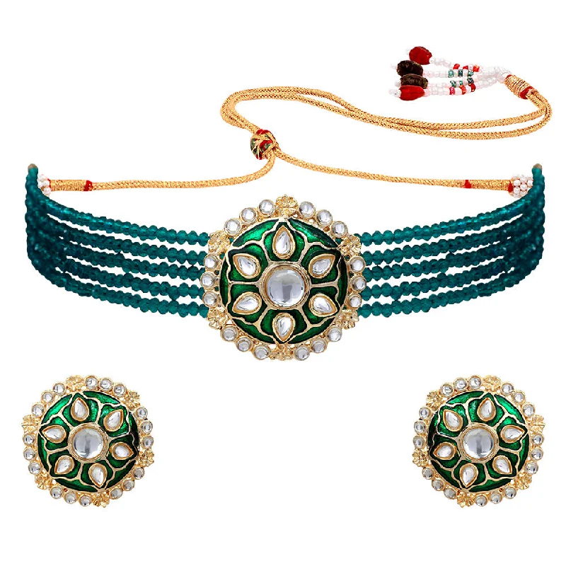 women’s birthstone charm necklaces-Mahi Incredible Gold Plated Green Mee Work and Beads Choker Necklace Set for Women (NL1108102GGre)