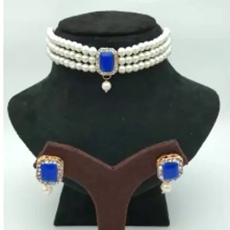 women’s romantic pendant necklaces-Shrishti Fashion Classy White Pearl Centre Blue Crystal Choker Necklace Set