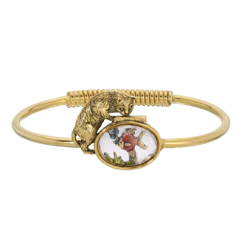 women's rope bracelets-1928 Jewelry Whimsical Cat & Fish Bowl Spring Hinge Bracelet