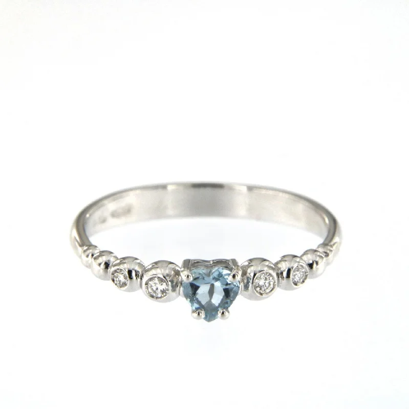 women’s small gemstone rings-Bubble Heart 18K White Gold Ring w. Diamonds & Aquamarine