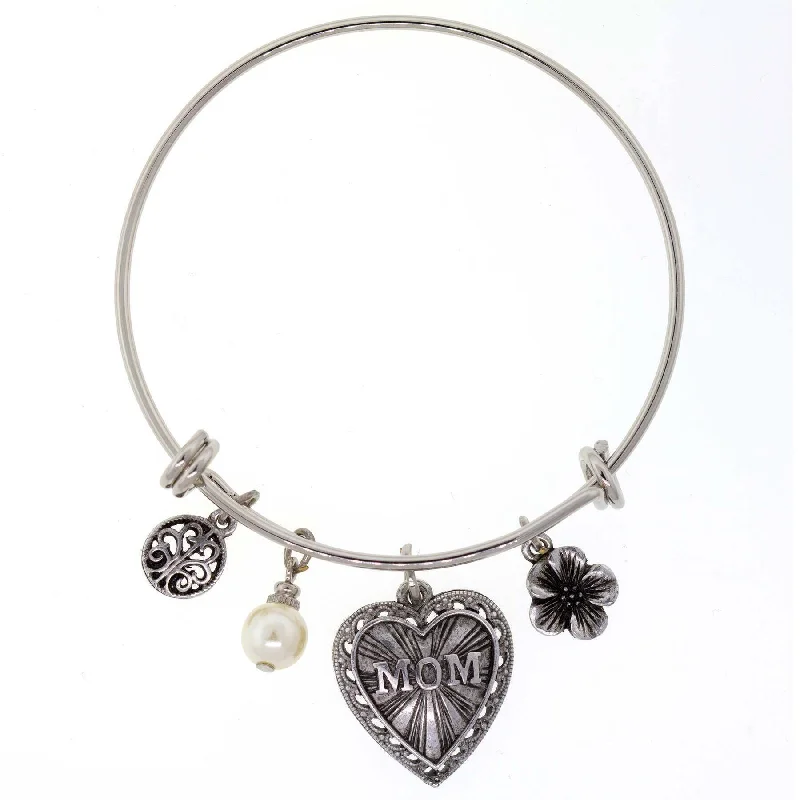 women's white gold bracelets-1928 Jewelry Mom Heart Flower White Faux Pearl Charm Bracelet