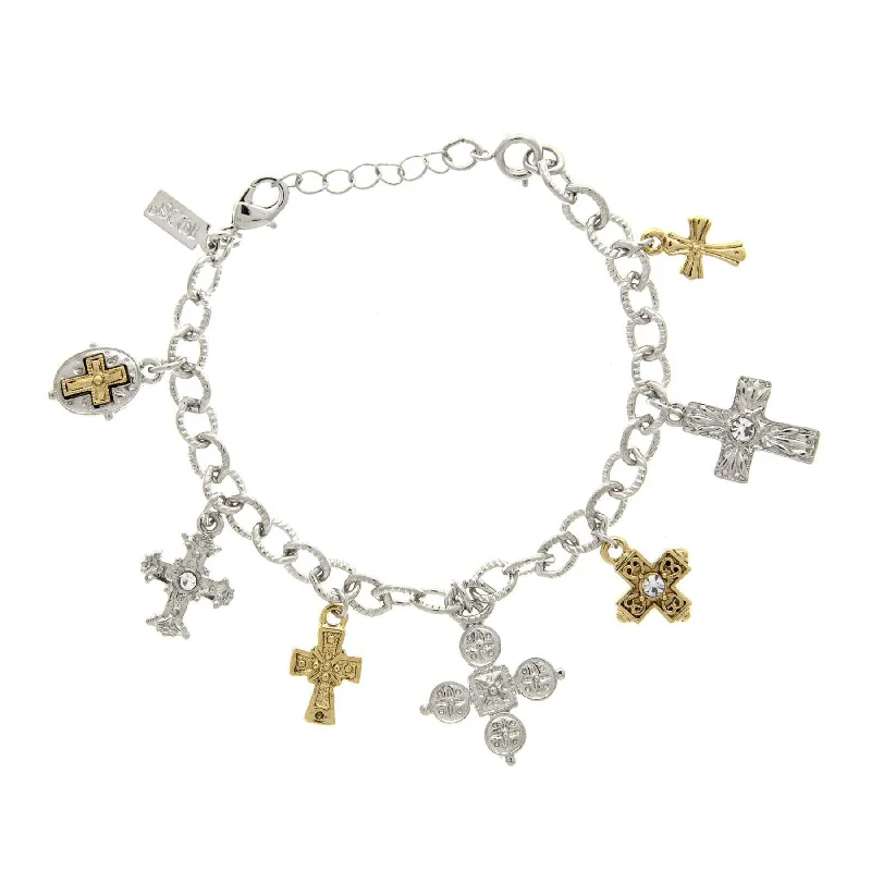 women's gemstone bracelets-Symbols Of Faith Seven Cross Charm Bracelet