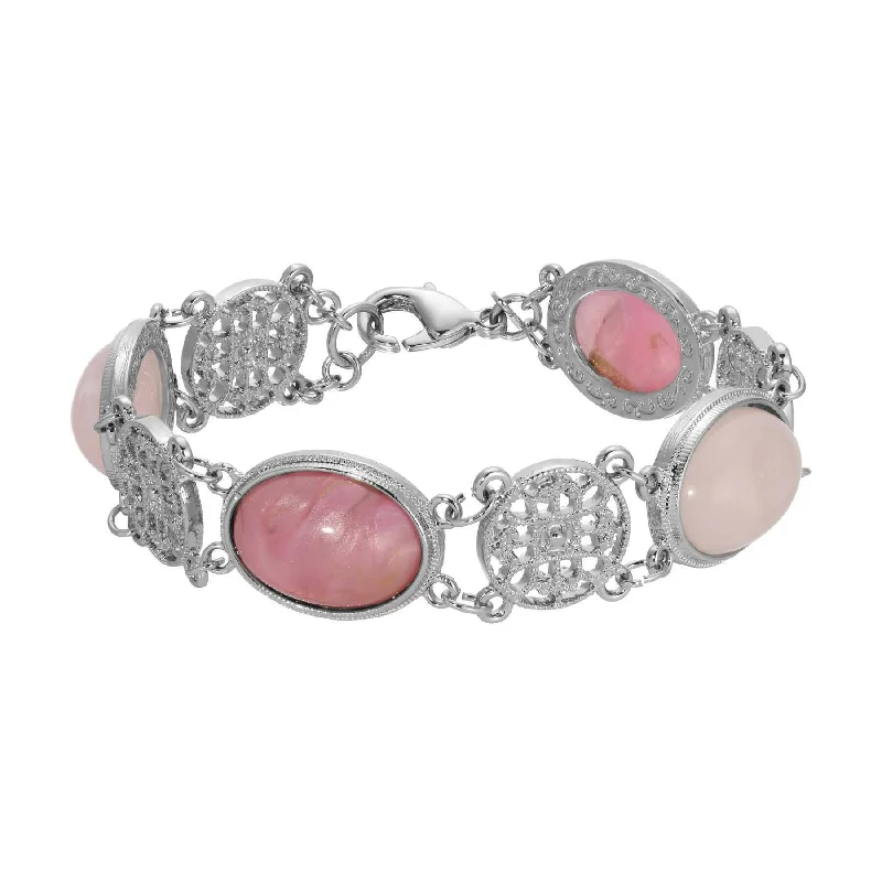 women's platinum bracelets-1928 Jewelry Roseate Paradise Meso Filigree Oval Rose Pink Quartz & Pink Stone Link Bracelet