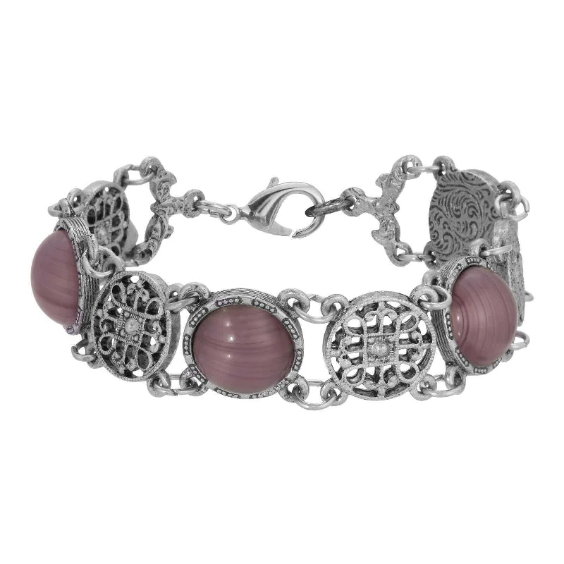 women's eco-friendly bracelets-1928 Jewelry Meso Round Intricate Filigree Purple Amethyst Quartz Glass Link Bracelet