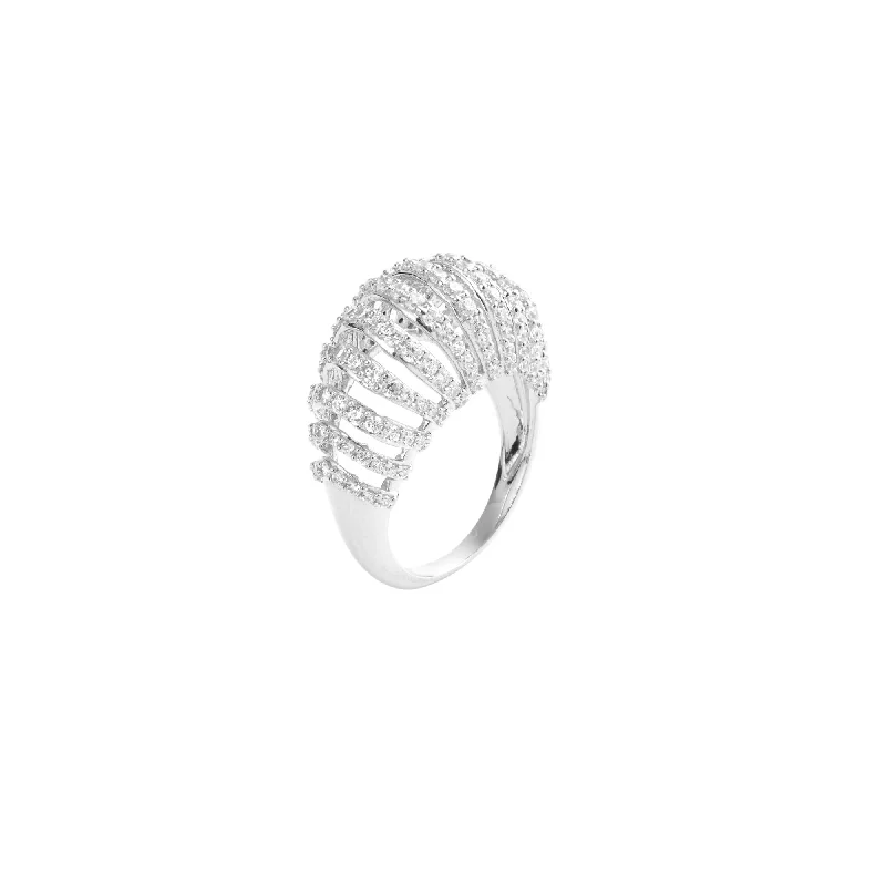 women’s luxury rings-Mini Ribbed VOID Silver Ring w. Zirconia