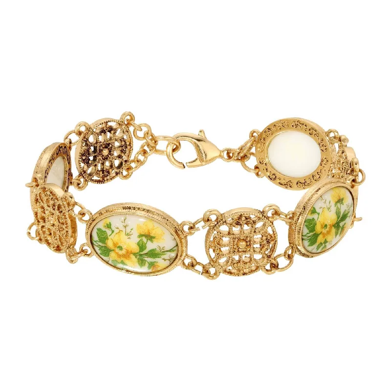 women's infinity bracelets-1928 Jewelry Meso Round Intricate Filigree Yellow Flower Bloom Glass Stone Link Bracelet