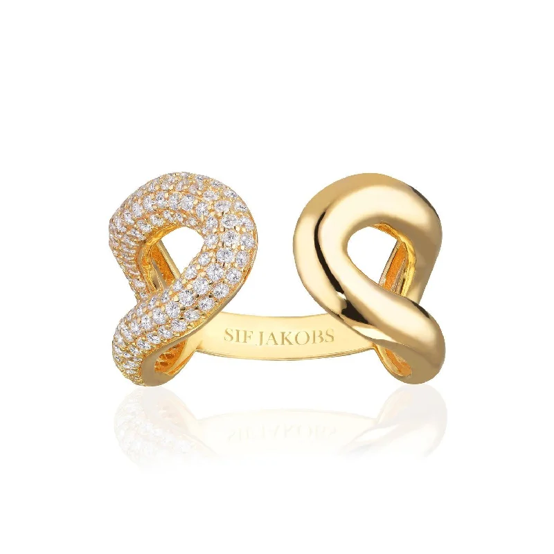 women’s trendy rings-Call Capri Due Gold Plated Ring w. White Zirconias