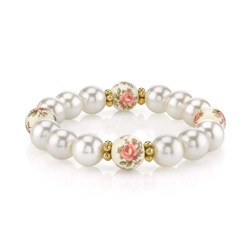 women's matching couple bracelets-1928 Jewelry Ivory And Desert Pink Rose Faux Pearl Stretch Bracelet