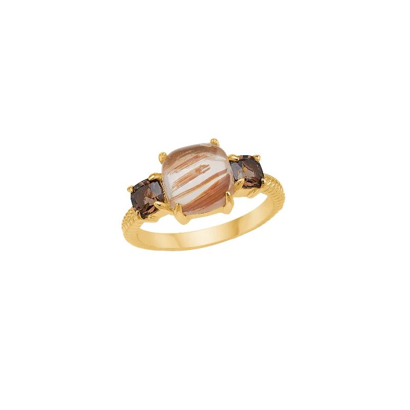 women’s vintage rings-18K Gold Plated Ring w. Rutile & Smoked Quartz