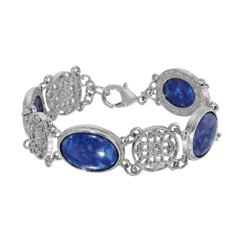 women's bohemian bracelets-1928 Jewelry Meso Round Intricate Filigree Matrix Blue Stone Link Bracelet