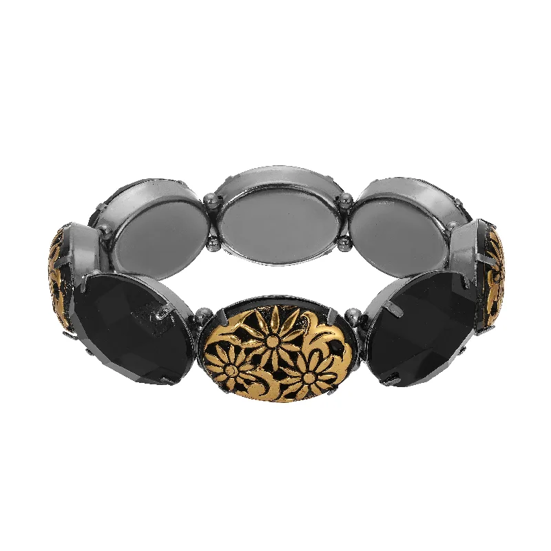 women's shell bracelets-1928 Jewelry Black And Gold Floral Stone Stretch Bracelet