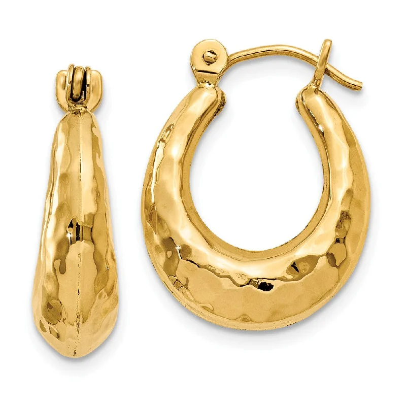 women's everyday earrings-Hammered Puffed Oval Hoops in 14k Yellow Gold