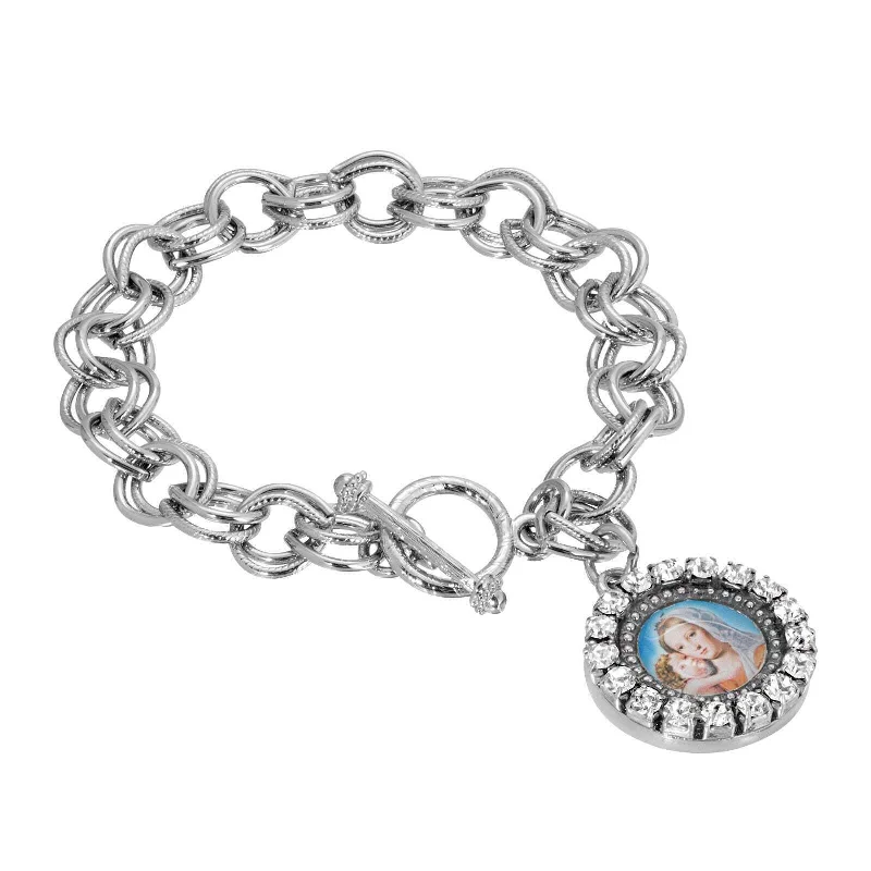 women's birthstone bracelets-Symbols Of Faith Round Crystal Mary and Child Charm Toggle Bracelet